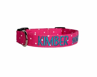 Pink Polka Dot Dog Collar, Embroidered Dog Collar, Personalized Dog Collar, Pink Dog Collar, Collar, Polka Dot Collar, Engraved Dog collar