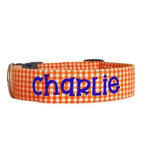 Collar de perro de cuadros naranjas, collar de perro personalizado, collar de perro bordado, collar de perro personalizado, collar de perro de verano, collar de perro con nombre