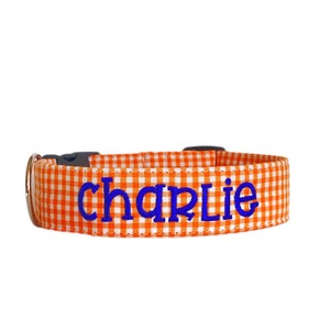 Orange Gingham Dog Collar, Personalized Dog Collar, Embroidered Dog Collar, Custom Dog Collar, Summer Dog Collar, Engraved Collar