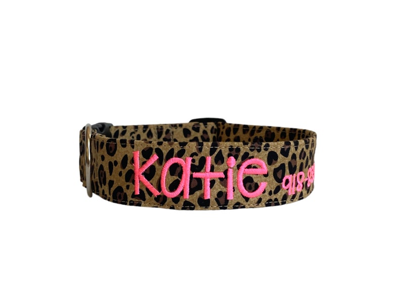Show off your pup’s wild side with this personalized leopard print dog collar from Duke & Fox®. Handmade in Tennessee, this stylish collar features your dog’s name and contact info embroidered for a bold, custom look. Perfect for everyday wear or special outings, it combines fashion and function with durable materials and a comfortable fit—ideal for trendy dogs who love to stand out.