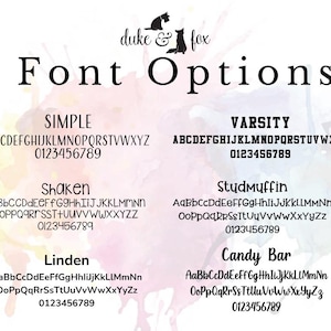 May include: A digital chart displaying font options titled Font Options with the brand name duke & fox. It lists six distinct typeface styles: Simple, Varsity, Shaken, StudMuffin, Linden, and Candy Bar, each showing the full alphabet and numbers 0-9.