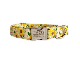 Engraved Buckle Dog Collar, Personalized Dog Collar, Floral Dog Collar, Sunflower Dog Collar, Embroidered Dog Collar, Custom Dog Collar