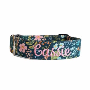 Blue Floral Dog Collar, Embroidered Dog Collar, Personalized Dog Collar, Custom Dog Collar, Engraved Dog Collar, Custom Dog Tag, Summer
