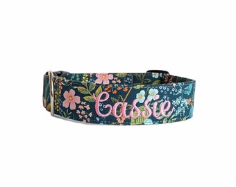 Blue Floral Dog Collar, Embroidered Dog Collar, Personalized Dog Collar, Custom Dog Collar, Engraved Dog Collar, Custom Dog Tag, Summer