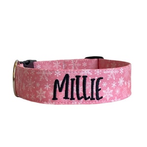 Pink Snowflake Christmas Collar, Embroidered Dog Collar, Personalized Dog Collar, Plaid Dog Collar, Engraved Dog Collar, Santa Collar