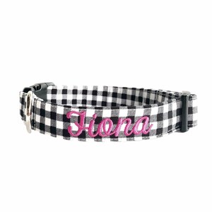 Embroidered Dog Collar by Duke and Fox. Custom Dog Collar. Engraved Dog Collar. Personalized Dog Collar by Duke & Fox. Dog Collar with Name and Phone number. Dog ID. Black Gingham with pink thread Name.