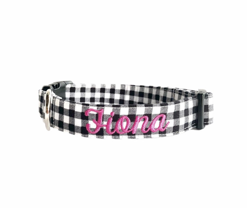 Embroidered Dog Collar by Duke and Fox. Custom Dog Collar. Engraved Dog Collar. Personalized Dog Collar by Duke & Fox. Dog Collar with Name and Phone number. Dog ID. Black Gingham with pink thread Name.