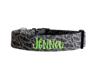 Embroidered Dog Collar, Personalized Dog Collar, Halloween Dog Collar, Bats Dog collar, Custom Dog Collar, Engraved Dog Collar, Dog ID