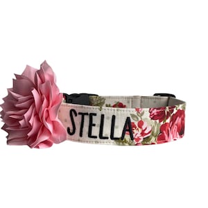 Rose Dog Collar, Embroidered Dog Collar, Personalized Dog Collar, Custom Dog Collar, Floral Dog Collar, Pink & Red Rose Collar, Engraved image 1