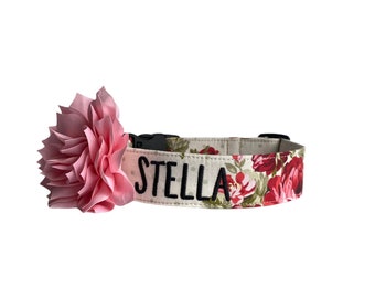 Rose Dog Collar, Embroidered Dog Collar, Personalized Dog Collar, Custom Dog Collar, Floral Dog Collar, Pink & Red Rose Collar, Engraved