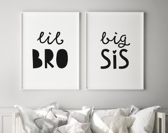 2 Piece Wall Art, Brother And Sister Set, Neutral Gender, Digital Print, Modern Playroom, Lil Bro, Big Sis, Children Bedroom Posters