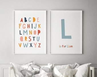 Custom Kids Wall Art, Initial Print, Personalized Baby Name, Alphabet and Initial, Nursery Monogram, Printable Set of 2