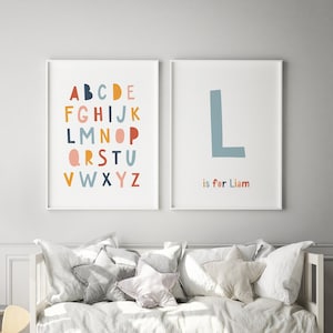Arte de pared personalizado para niños, impresión inicial, nombre de bebé personalizado, alfabeto e inicial, monograma para guardería, juego imprimible de 2