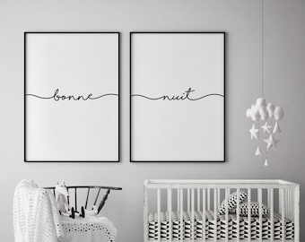 Bonne Nuit Wall Art, Above Crib Art, French Nursery, Wall Art Set of 2, Modern Bedroom, Wall Decor, Bonne Nuit Printable
