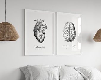 Valentine's Day Art, Wall Art Set of 2, Follow Your Heart, Heart Anatomy, Brain Anatomy, Above Bed Prints, Digital Download, Heart Poster
