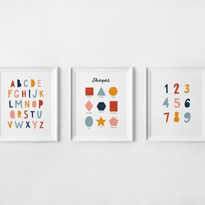 Arte educativo de la pared, Conjunto de 3 impresiones, Alfabeto, Números, Formas, Aula imprimible, Cartel para niños, Arte de la pared para niños