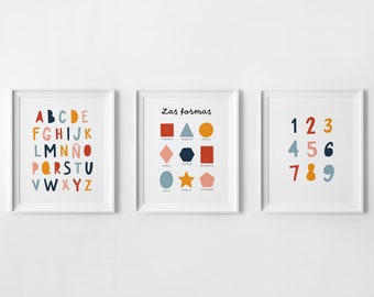 ESPAÑOL, Printable Set of 3, Classroom Decor, Alphabet, Shapes, Numbers, Educational Wall Art, Homeschool Posters