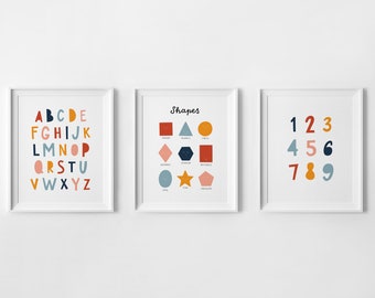 Educational Wall Art, Set of 3 Prints, Alphabet, Numbers, Shapes, Classroom Printable, Children Poster, Kids Wall Art