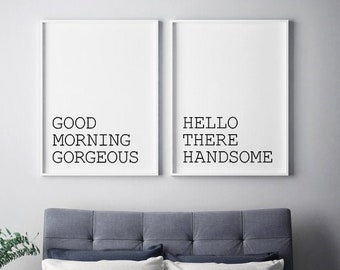 Buenos días, guapa/o, Hola, guapo/a, Decoración de pared para dormitorio, Regalos para él y para ella, Juego de 2 impresiones, Letreros para cama
