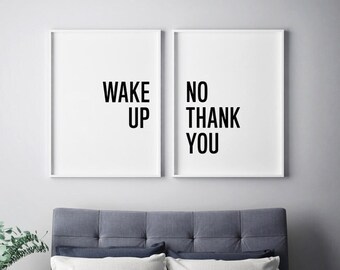 Wake Up, No Thank You, Print, Set of 2 Wall Art, Above Bed Signs, Audrey Hepburn Quote, Movie Quotes, Digital Prints