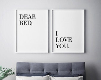 Querida cama, te amo, juego de 2 impresiones, arte de pared para la cama, no soy madrugador, juego de impresiones digitales, letreros divertidos para el dormitorio