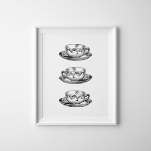 Tea Cup Print, Shabby Chic Wall Art, Tea Gifts, Vintage Prints, Tea Cups Wall Art, Poster Download, Tea Lover Gift