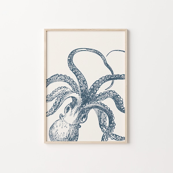 Octopus Print, Nautical Wall Art, Instant Download, Sealife Poster, Coastal Wall Decor, Blue Home Decor