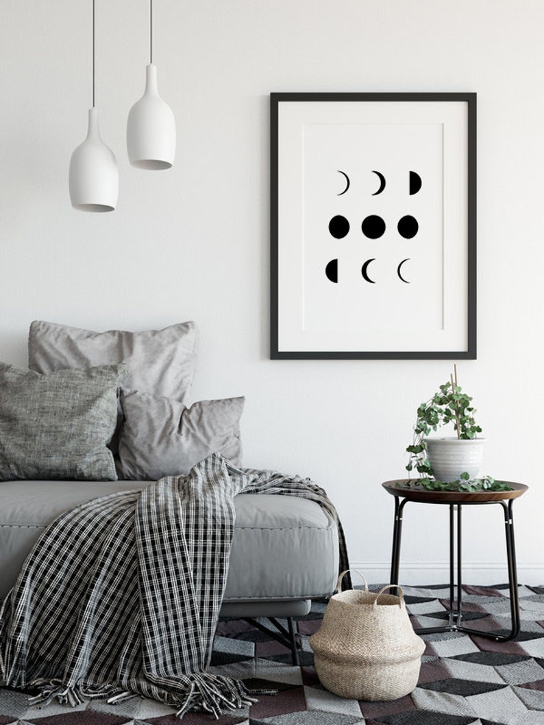 Moon Phases Print, Lunar Phases, Minimalist Wall Art, Black and White, Moon Decor, Digital Print, Lunar Phases Poster image 3