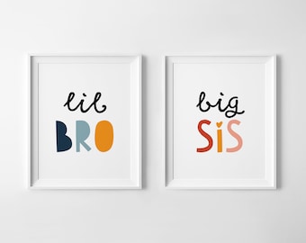 Set of 2 Downloadable Prints, Lil Bro, Big Sis, Playroom Wall Decor, Kids Room Wall Art, Colorful Poster, Siblings Room