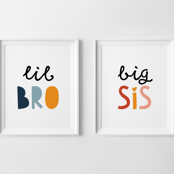 Set of 2 Downloadable Prints, Lil Bro, Big Sis, Playroom Wall Decor, Kids Room Wall Art, Colorful Poster, Siblings Room