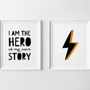 Nursery Set of 2 Prints, Superhero Quotes Wall Art, Kids Affirmations, Black and White Kids Decor, Printable Posters