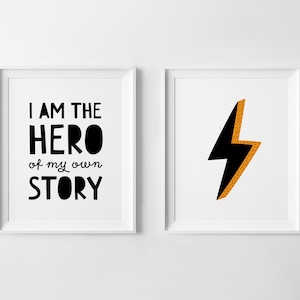 Nursery Set of 2 Prints, Superhero Quotes Wall Art, Kids Affirmations, Black and White Kids Decor, Printable Posters