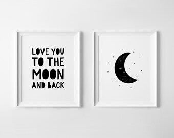 Set of 2 Nursery Prints, Love You To The Moon And Back, Modern Baby Room Decor (Digital Download)