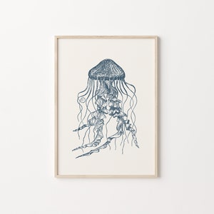 Qualle Druck, Ozean Wandkunst, moderne Vintage Kunst, Küsten Wanddekor, große druckbare Kunst, blaue und beige Wandkunst