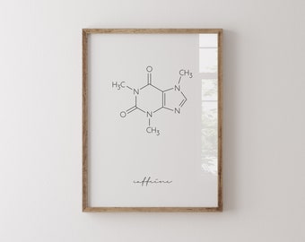 Molecola di caffeina, stampa artistica da parete, stampa sul caffè, poster di chimica, regalo per gli amanti del caffè, stampa artistica scientifica