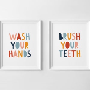 Kids Bathroom Wall Art, Wash Your Hands, Brush Your Teeth, Set of Two Prints, Instant Download, Bathroom Rules Printable