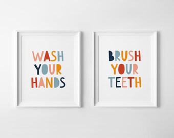 Kids Bathroom Wall Art, Wash Your Hands, Brush Your Teeth, Set of Two Prints, Instant Download, Bathroom Rules Printable