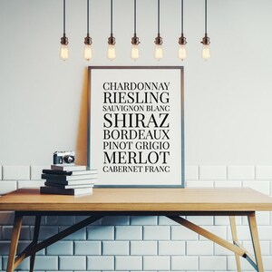 May include: A framed print with a list of wine varietals, including Chardonnay, Riesling, Sauvignon Blanc, Shiraz, Bordeaux, Pinot Grigio, Merlot, and Cabernet Franc. The print is hanging on a white tiled wall with a wooden table and a camera in front of it.