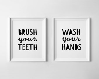 Kids Bathroom Signs, Set of 2 Prints, Brush Your Teeth, Wash Your Hands, Printable Art, Toddler Educational Posters