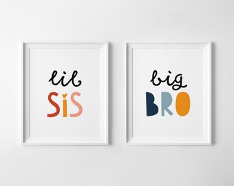 Printable Set of 2, Lil Sis, Bog Bro, Kids Room Wall Art, Playroom Prints, Little Sister, Big Brother, Children Posters