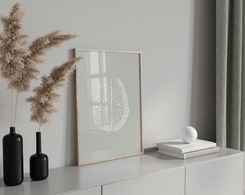 May include: A framed print of a white anatomical brain illustration on a light green background. The frame is wooden and has a light brown finish. The print is hanging on a white wall above a light gray dresser with a white ceramic sphere on top of a stack of books.