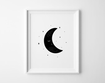 Moon Nursery Print, Minimal Moon Wall Art, Baby Room Decor, Neutral Kids Poster