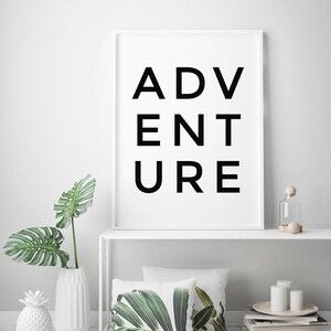 May include: A white framed print with the word "ADVENTURE" in black letters. The print is on a white shelf with a white vase with a green plant, a white pineapple, and a clear glass bottle with a wooden stopper.