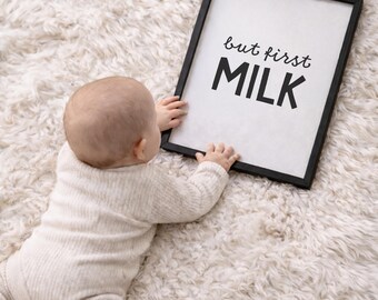 But First Milk Poster, Monochrome Nursery Wall Art, Baby Room Decor (Digital Download)