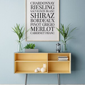 May include: A framed print with a white background and black text listing various types of wine: Chardonnay, Riesling, Sauvignon Blanc, Shiraz, Bordeaux, Pinot Grigio, Merlot, Cabernet Franc. The print is hanging on a light blue wall above a yellow shelf with a vase of greenery and a lantern.