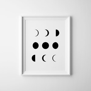 Moon Phases Print, Lunar Phases, Minimalist Wall Art, Black and White, Moon Decor, Digital Print, Lunar Phases Poster image 1