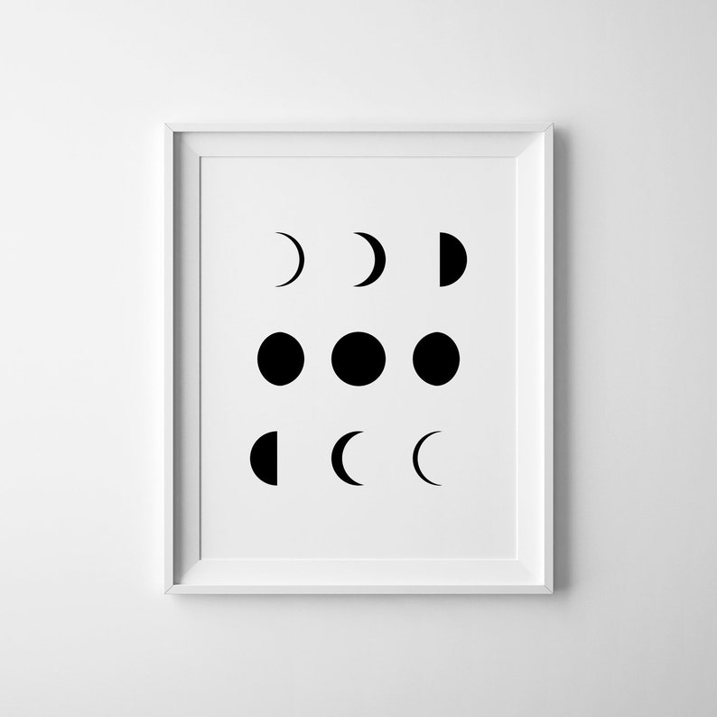 Moon Phases Print, Lunar Phases, Minimalist Wall Art, Black and White, Moon Decor, Digital Print, Lunar Phases Poster image 1