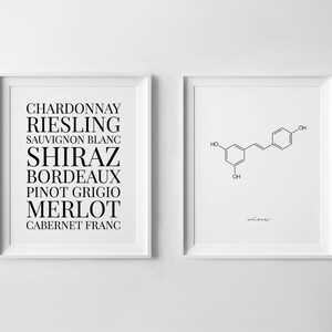 May include: Two framed prints, one with a list of wine varietals: Chardonnay, Riesling, Sauvignon Blanc, Shiraz, Bordeaux, Pinot Grigio, Merlot, Cabernet Franc. The other print features a chemical structure labeled "wine".