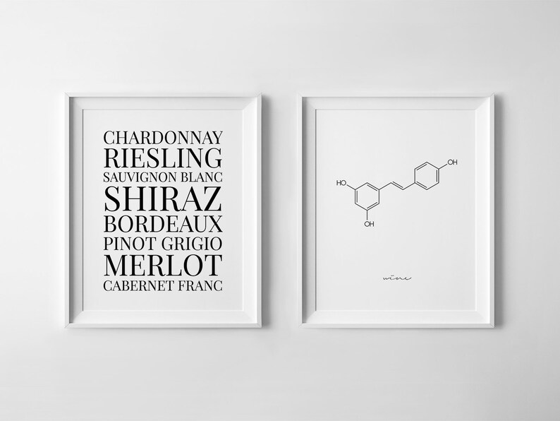 May include: Two framed prints, one with a list of wine varietals: Chardonnay, Riesling, Sauvignon Blanc, Shiraz, Bordeaux, Pinot Grigio, Merlot, Cabernet Franc. The other print features a chemical structure labeled "wine".
