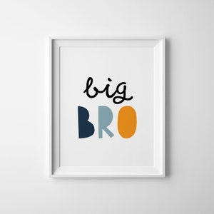 Puede incluir: Una impresi&oacute;n enmarcada en blanco con el texto "big bro" en letras negras. Las letras son de diferentes colores: azul, azul claro y naranja.